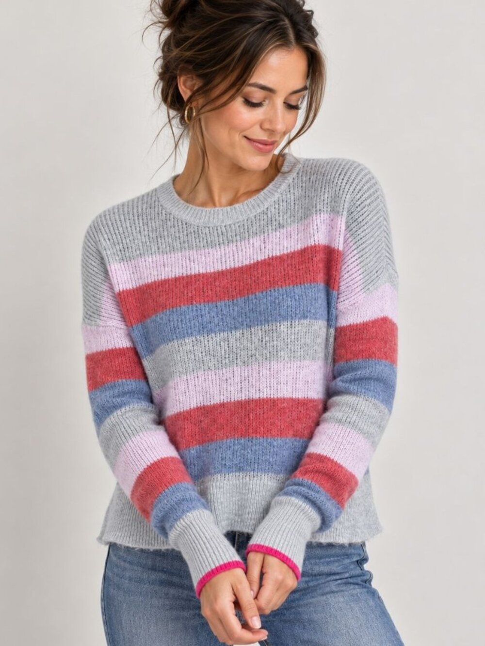 Sundry Merino Wool Cashmere Striped Sweater Gray Pink Blue M